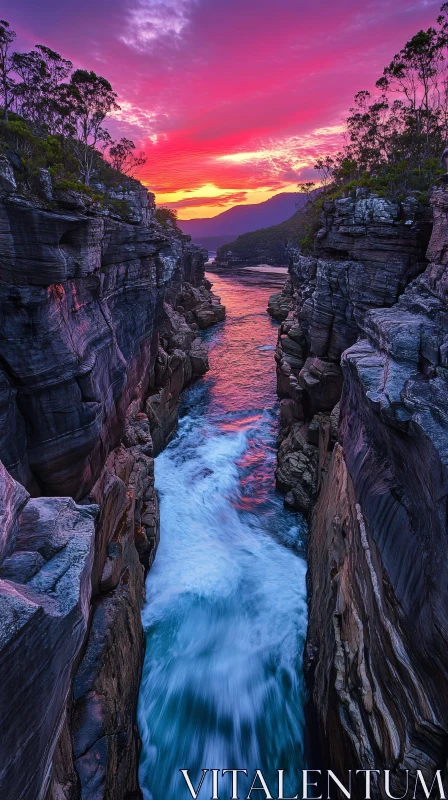 AI ART Sunset Above Waterfall in Narrow Rocky Gorge