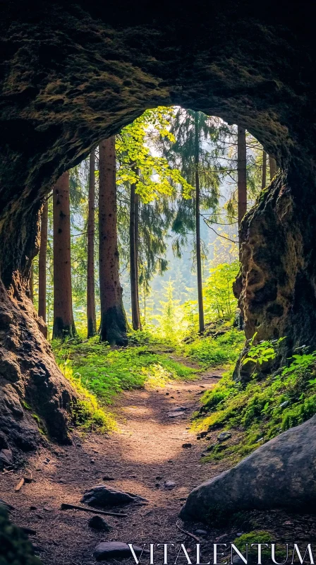 AI ART Forest Path Seen Through a Cave