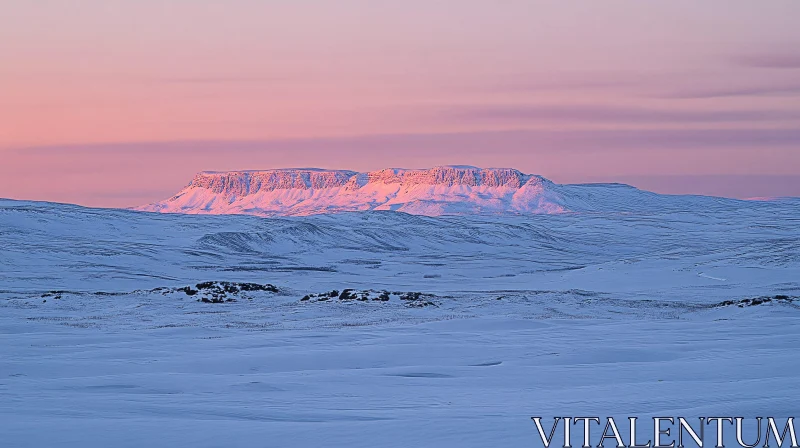 Snowy Plateau and Mountains at Sunset in Pink Light AI Image