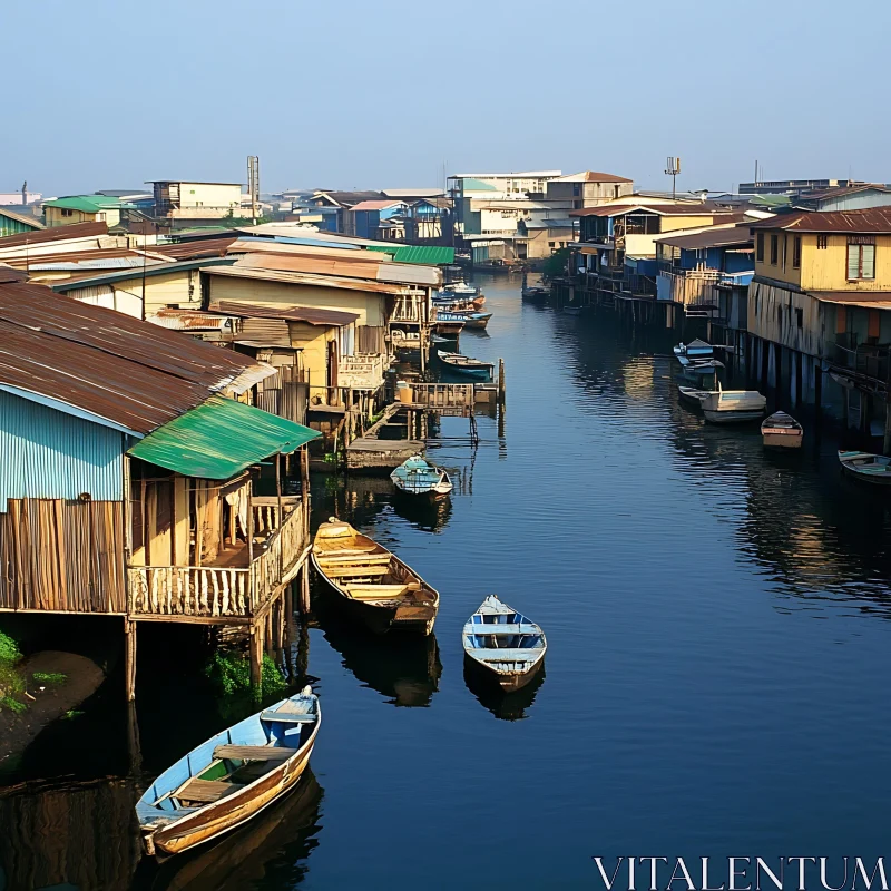 Serene Riverside Community with Stilt Houses and Boats AI Image