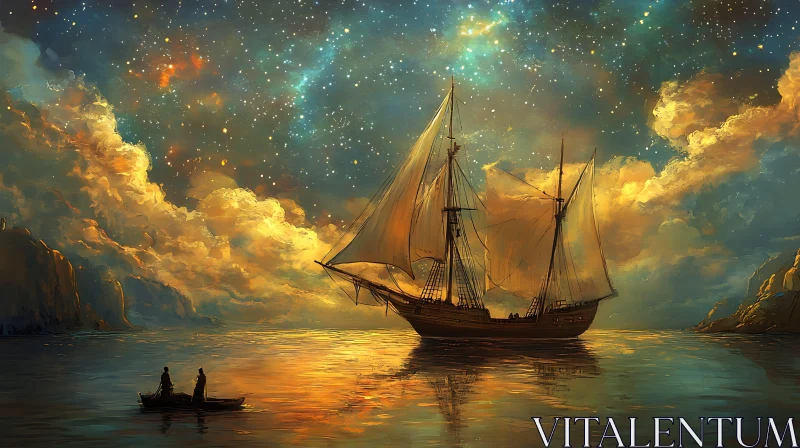 Sailing Ship at Night with Starlit Sky and Reflections AI Image