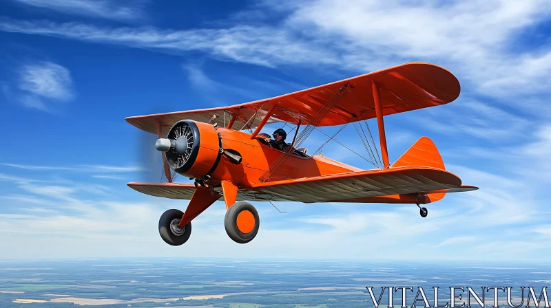 Graceful Flight of an Orange Biplane AI Image