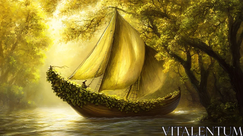 Enchanting Boat Journey through Forest AI Image