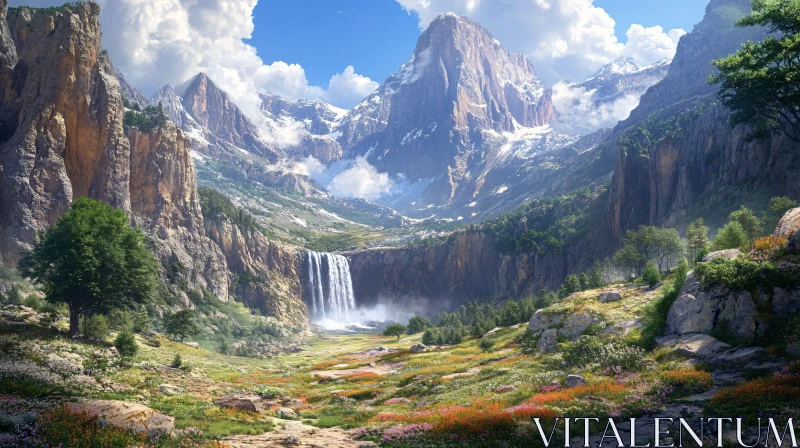 AI ART Breathtaking Natural Scenery with Mountains and Waterfall