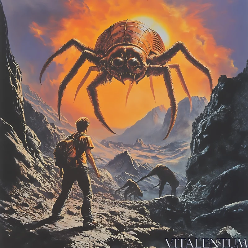 Man and Giant Spider in Mountainous Landscape AI Image