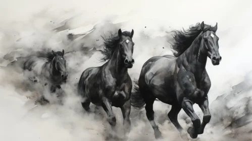 Monochromatic Oil Painting of Horses Running Through Smoke