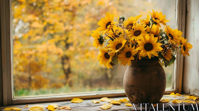 Autumn Sunflowers on Wooden Windowsill AI Image