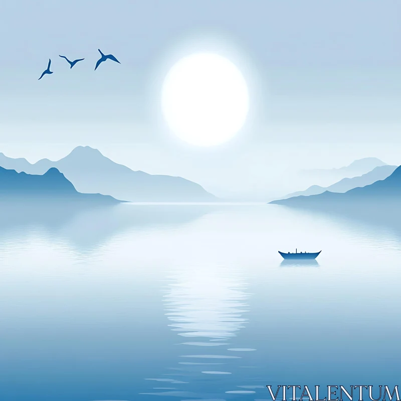 Peaceful Lake with Misty Mountains and Rowboat AI Image