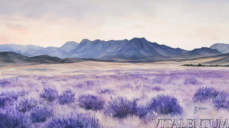 Serene Lavender Field with Mountainous Backdrop AI Image