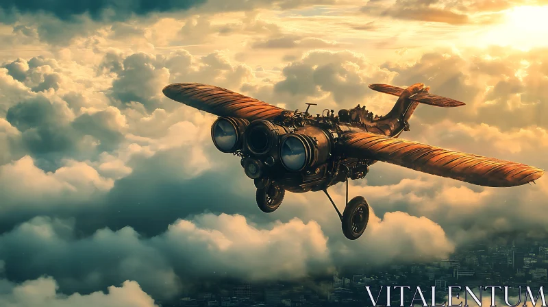 Steampunk Plane over Clouds in Golden Hour AI Image