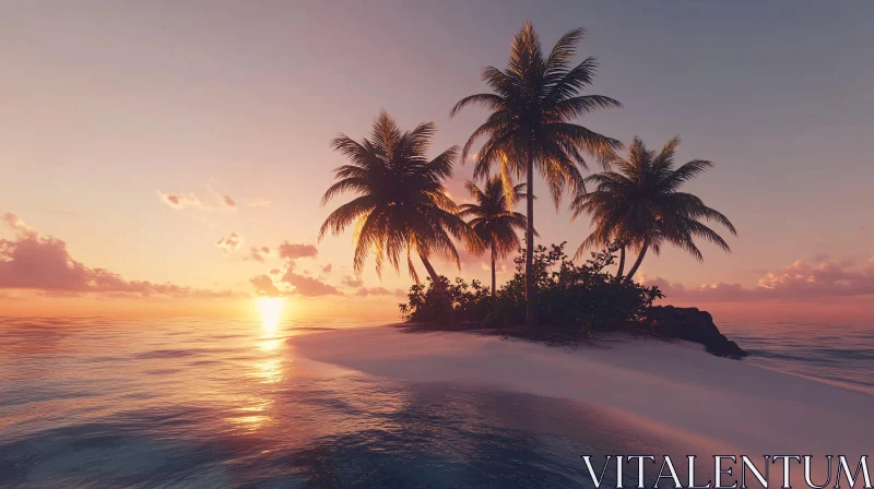 Tropical Island at Sunset with Palms and Beach AI Image