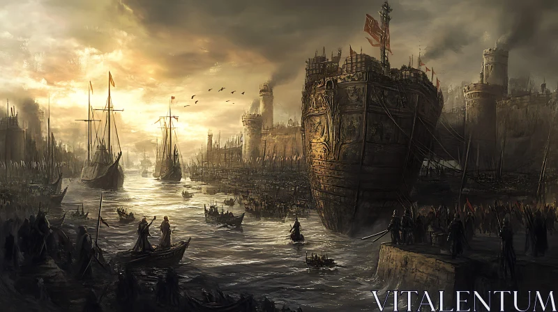 Bustling Medieval Harbor Scene with Colossal Ship AI Image