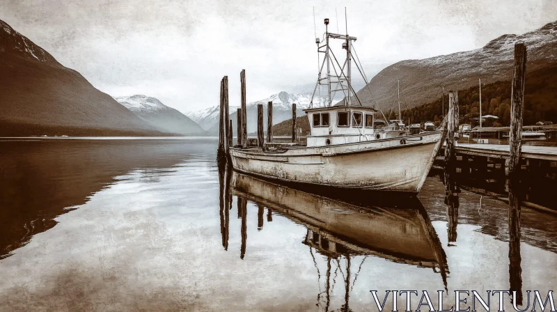 Vintage Boat Reflected on Tranquil Mountain Lake AI Image