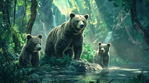 Family of Bears by a Stream in Forest