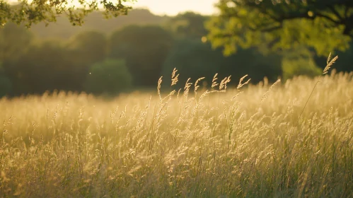 Sunlit Field with Gentle Breeze and Tall Grasses