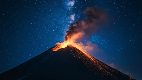 Volcano Eruption with Glowing Lava and Starry Sky