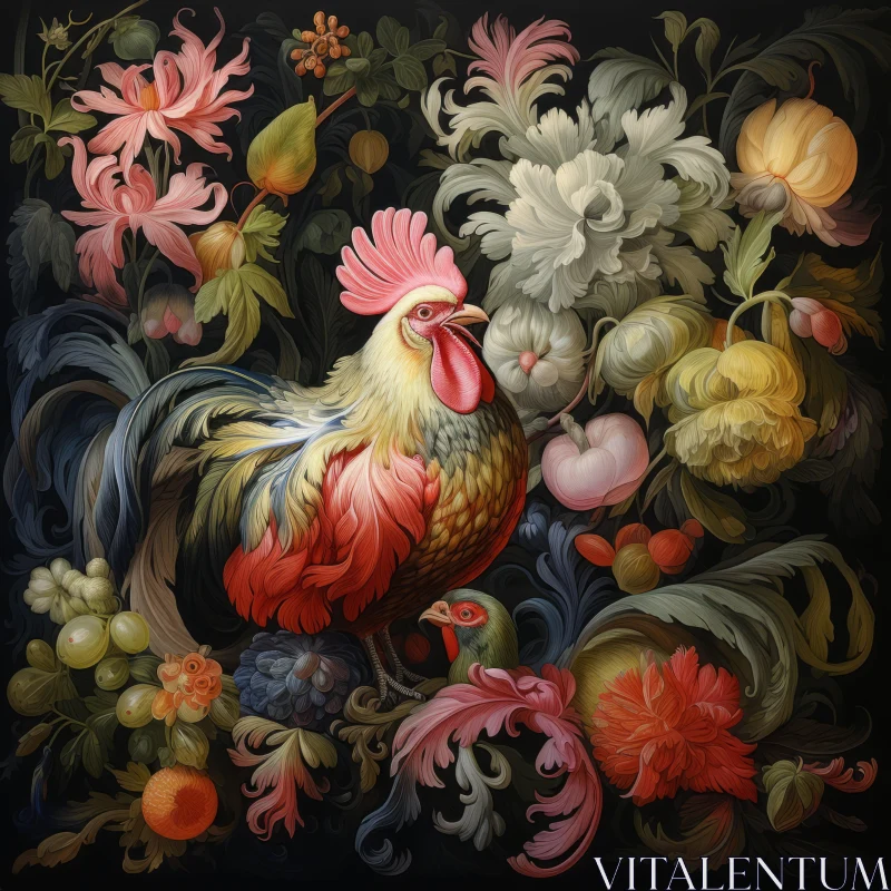 Baroque Sci-Fi Rooster Painting with Floral Elements AI Image