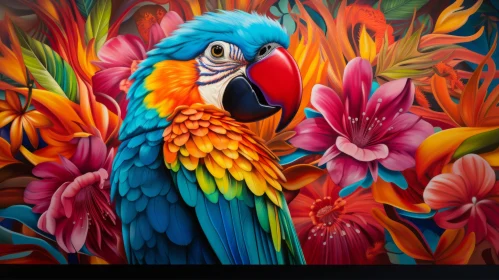 Colorful Parrot Amidst Floral Splendor - A Maranao Art Inspired Piece