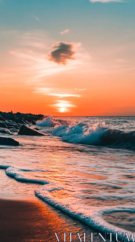 Maritime Sunset with Waves Crashing on the Shore AI Image