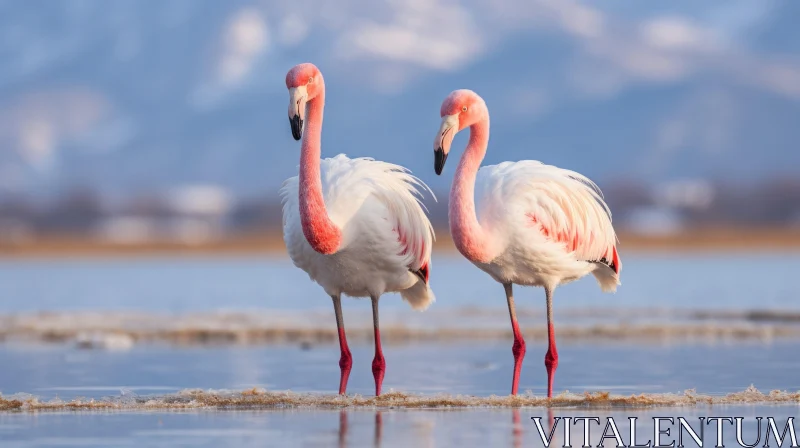Pink Flamingos in Shallow Waters Against Mountain Backdrop AI Image