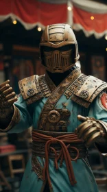 Samurai Warrior in Teal and Bronze - A Vintage Sci-Fi Depiction