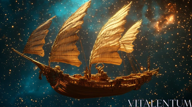 Fantasy Golden Ship Amidst Starry Cosmos AI Image