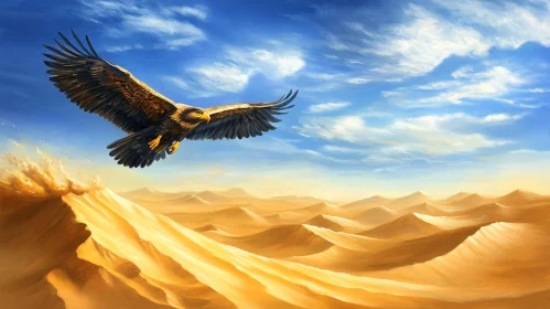 Eagle in Flight Over Sand Dunes