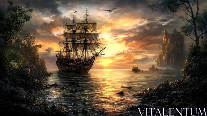 Sunset Voyage with Majestic Sailing Ship AI Image