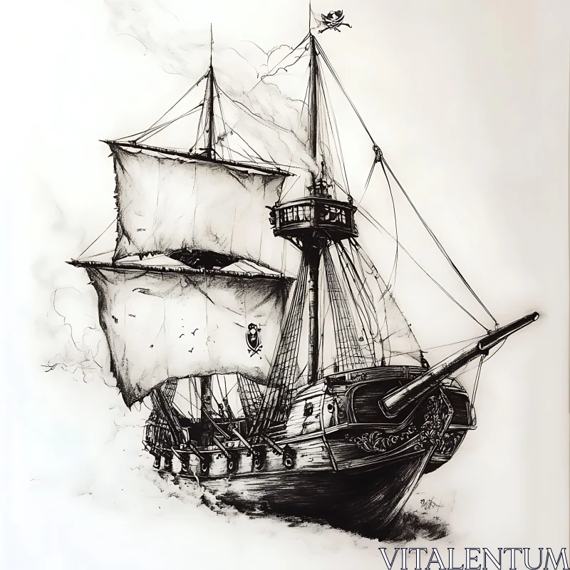 Intricate Pirate Ship Artwork in Monochrome AI Image