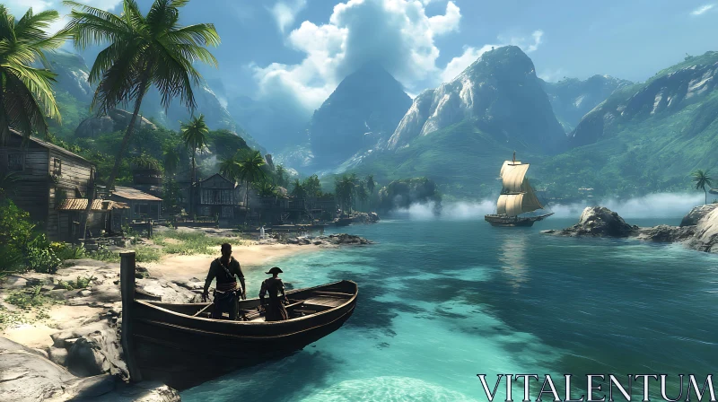 Serene Island Scene with Pirates and Sailing Ship AI Image