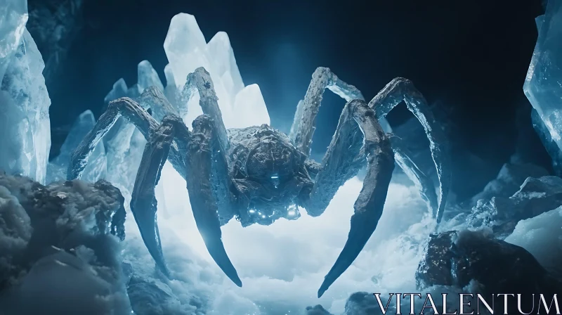 Glowing Mechanized Spider Amongst Crystal Formations AI Image