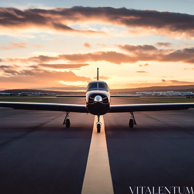 Plane on Runway with Sunset Backdrop AI Image