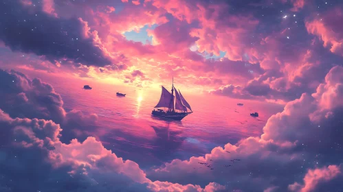 Dreamlike Sailing Scene in Pink and Purple