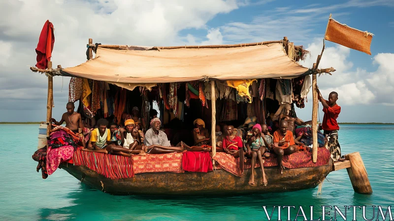 Cultural Voyage on a Wooden Boat in Turquoise Water AI Image