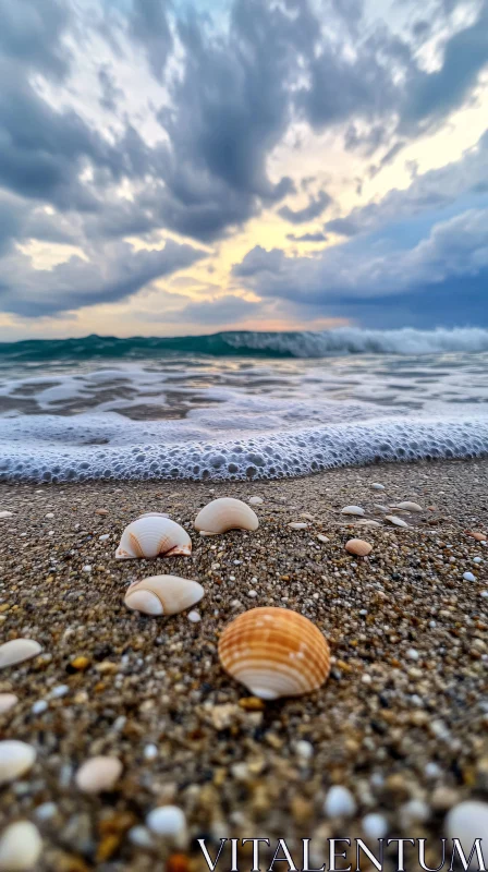 AI ART Shells on Sandy Beach with Waves and Cloudy Sky