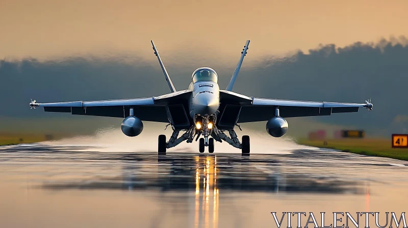 Aircraft Ready for Takeoff at Dusk on Gleaming Runway AI Image