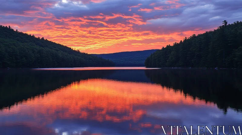 AI ART Tranquil Sunset over a Forest-Lined Lake