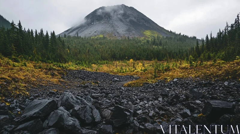 AI ART Mountain Landscape with Foreground Rocks and Forest