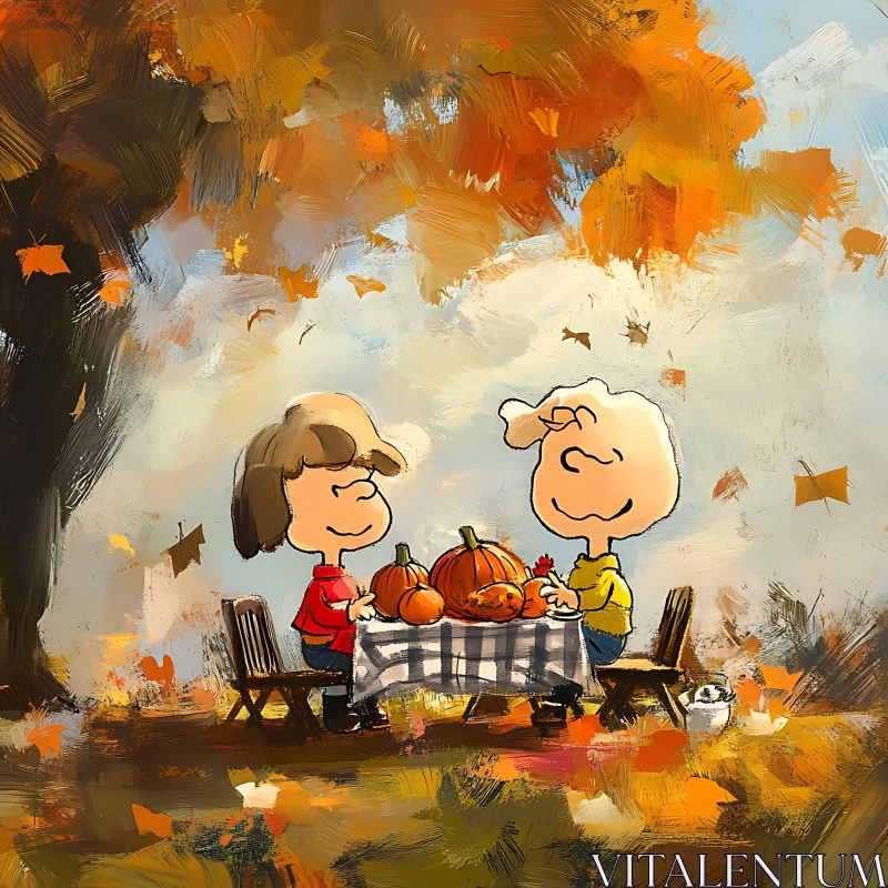 Cartoon Characters Enjoying Autumn with Pumpkins AI Image