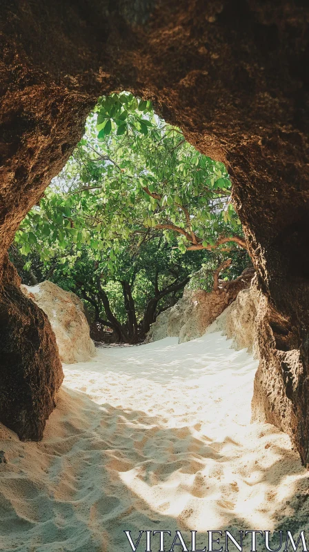 AI ART Scenic Cave View with Sunlit Sand and Green Foliage