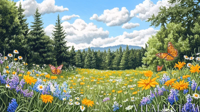 Serene Landscape of Wildflowers and Butterflies AI Image