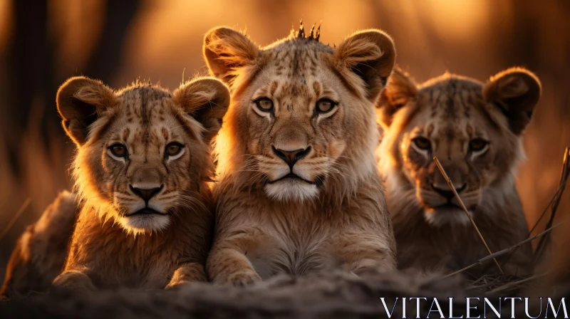 Captivating Close-Up of Three Lion Cubs in Golden Sunlight AI Image