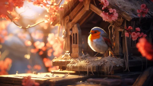 Charming Spring Scene with Red Bird in Birdhouse