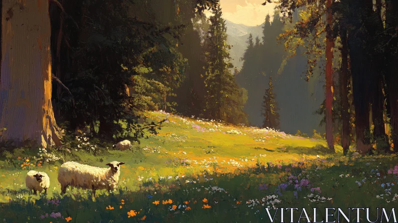 AI ART Pastoral Forest Meadow with Sunlit Grazing Sheep and Wildflowers