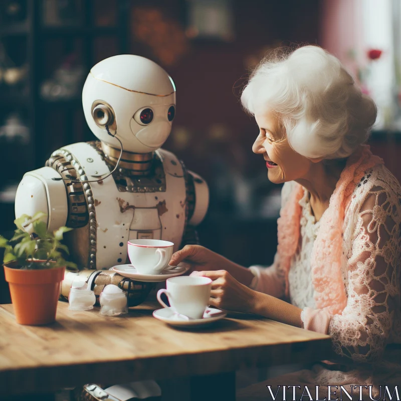 Elderly Woman in Vintage Aesthetics Enjoying Tea with Robot AI Image