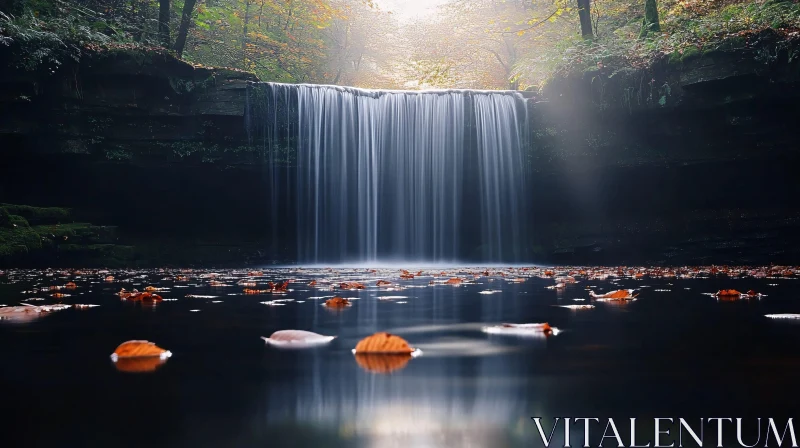 AI ART Tranquil Waterfall Surrounded by Autumn Leaves