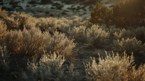 Sunlit Bushes in Desert Landscape at Dusk