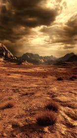 Vast Desert Scene with Mountains and Sunlight