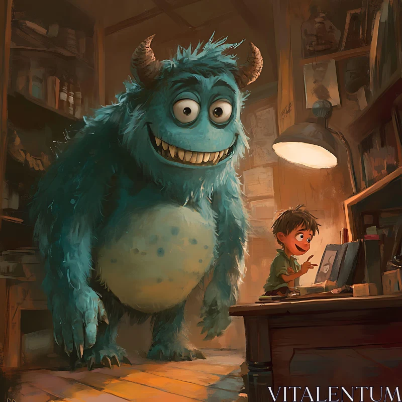 Blue Monster and Child in a Cozy, Lamp-Lit Room AI Image