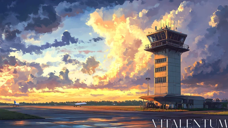 Airport Sunset Featuring Control Tower and Vibrant Clouds AI Image